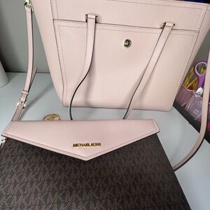 Michael Kors Powder Blush Pink and Dark Brown Maisie Large Pebbled 3-in-1 Tote